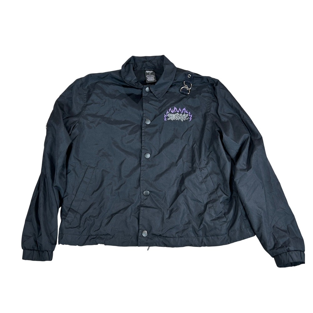 SWIXXZ Mens Black Coaches Jacket Small D-Ring Hardware Purple Flame Logo Graphic